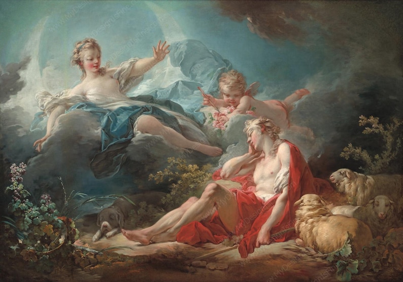 May include: A classical painting depicts a woman on clouds, reaching out, with a cherub and a man in red drapery. Sheep graze nearby. The artwork features soft colors and a dreamy atmosphere, evoking a sense of mythology.
