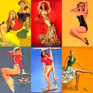 Digital collage of 700+ vintage pinup posters spanning mid-20th-century glamour, featuring iconic figures like Bettie Page, Marilyn Monroe, and Rita Hayworth. Playful poses and nostalgic styling evoke the charm of 1950s classic pinup art. Includes retro fashion, sultry expressions, and stylized compositions—perfect for junk journaling, scrapbooking, wall décor, and collectors of vintage illustration and pop culture ephemera.