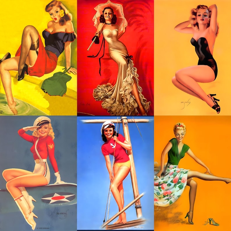 Digital collage of 700+ vintage pinup posters spanning mid-20th-century glamour, featuring iconic figures like Bettie Page, Marilyn Monroe, and Rita Hayworth. Playful poses and nostalgic styling evoke the charm of 1950s classic pinup art. Includes retro fashion, sultry expressions, and stylized compositions—perfect for junk journaling, scrapbooking, wall décor, and collectors of vintage illustration and pop culture ephemera.