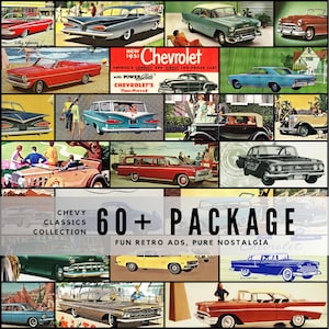 Pode incluir: Uma colagem de anúncios e ilustrações de carros Chevrolet vintage. A imagem apresenta vários modelos de carros clássicos em diferentes cores, com o texto "Chevy Classics Collection 60+ Package Fun Retro Ads, Pure Nostalgia."