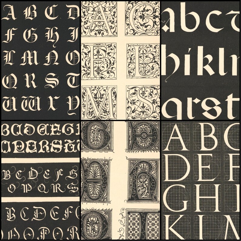 May include: A collage of various fonts and lettering styles in black and white. The image includes examples of uppercase and lowercase letters, as well as decorative initial letters with floral designs. The background is a dark color.
