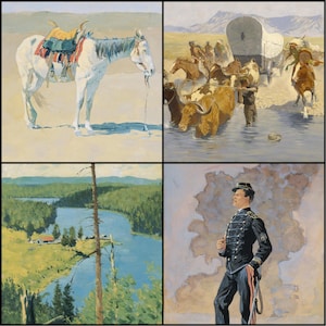 May include: A collection of four paintings depicting scenes of the American West. One painting shows a white horse with a saddle, another depicts a wagon train crossing a river, a third shows a landscape with a lake, and the last shows a man in a military uniform.
