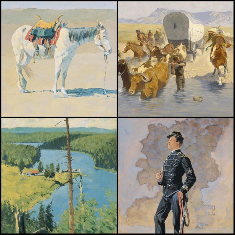 May include: A collection of four paintings depicting scenes of the American West. One painting shows a white horse with a saddle, another depicts a wagon train crossing a river, a third shows a landscape with a lake, and the last shows a man in a military uniform.