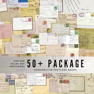 May include: A collection of vintage postcards with handwritten messages, stamps, and postmarks. The postcards are in various sizes and colors, with text that reads "Vintage Filled Out Postcards" and "50+ Package Handwritten Postcard Backs".