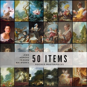 Könnte beinhalten: Ein Raster von 20 Rokoko-Gemälden von Jean Honore Fragonard. Die Kunstwerke zeigen Szenen von Menschen in der Natur, Porträts und Figuren in aufwendiger Kleidung. Der Text "50 ITEMS" und "ROCOCO MASTERPIECES" wird angezeigt.