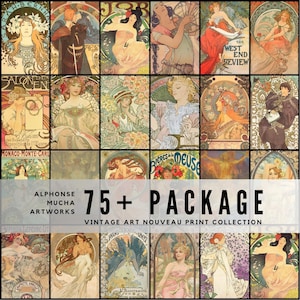 May include: A selection of vintage Art Nouveau prints by Alphonse Mucha, featuring elegant women, floral designs, and decorative borders. The image includes the text "75+ PACKAGE VINTAGE ART NOUVEAU PRINT COLLECTION."