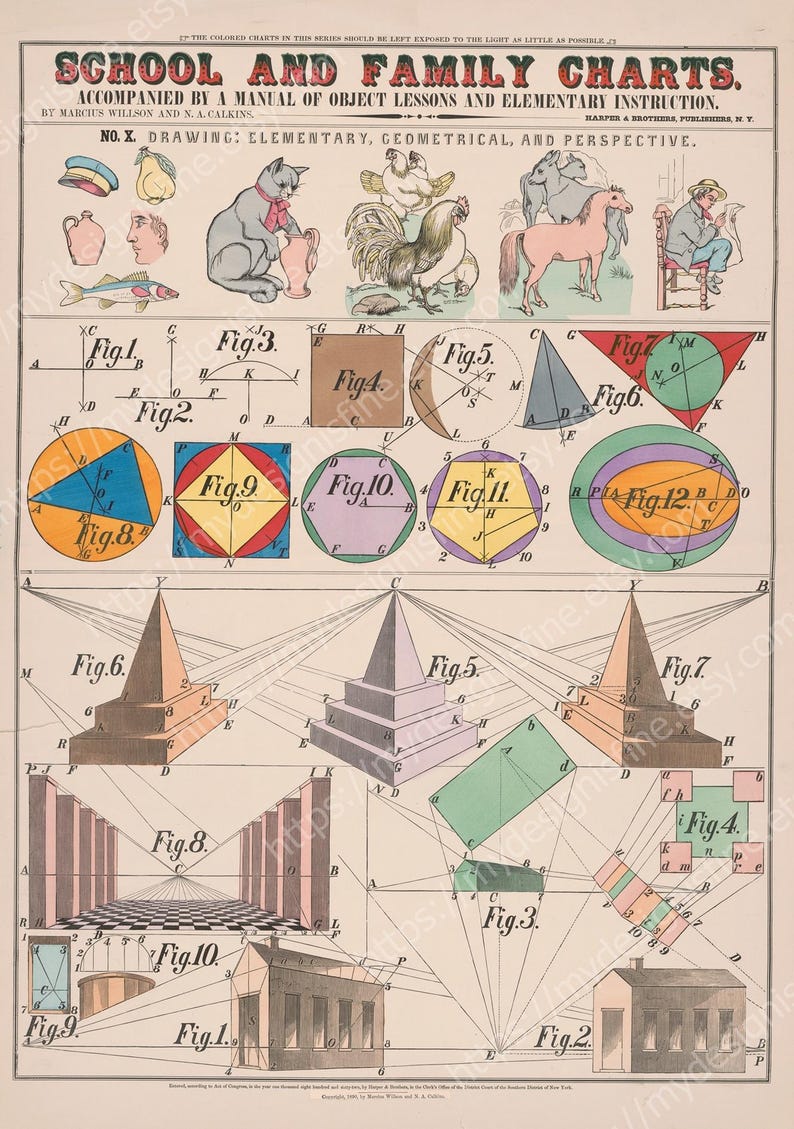 May include: A vintage educational chart titled "School and Family Charts" featuring illustrations of geometric shapes, perspective drawings, and animal figures. The chart is printed in multiple colours and includes text and diagrams.