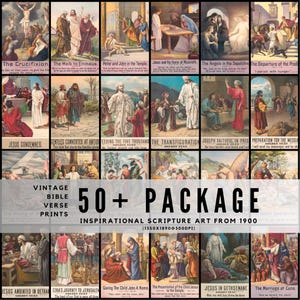 Puede incluir: Una colección de grabados de versículos bíblicos antiguos, que representan varias escenas de la Biblia. La obra de arte incluye representaciones de Jesús y figuras bíblicas, con etiquetas de texto. El paquete incluye más de 50 grabados, que datan de 1900.
