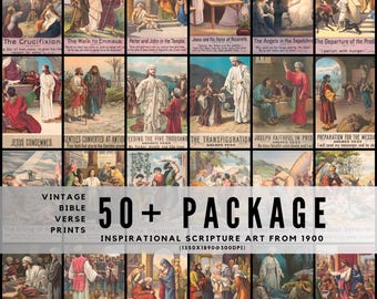 May include: A collection of vintage Bible verse prints, featuring various scenes from the Bible. The artwork includes depictions of Jesus, biblical figures, and events, with text labels. The package includes over 50 prints, dating back to 1900.