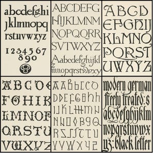May include: A grid showcasing various black letter fonts and alphabets. The image displays different styles of uppercase and lowercase letters, along with numbers and decorative elements, all set against a beige background. The text "modern german" and "black letter" are visible.