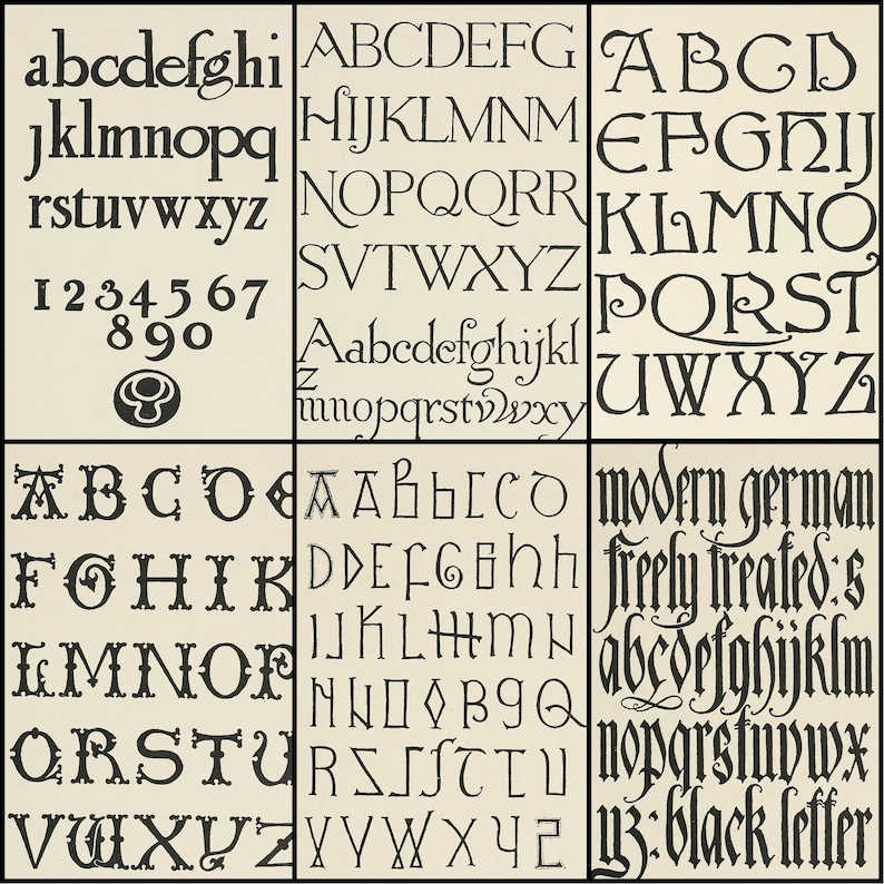 May include: A grid showcasing various black letter fonts and alphabets. The image displays different styles of uppercase and lowercase letters, along with numbers and decorative elements, all set against a beige background. The text "modern german" and "black letter" are visible.