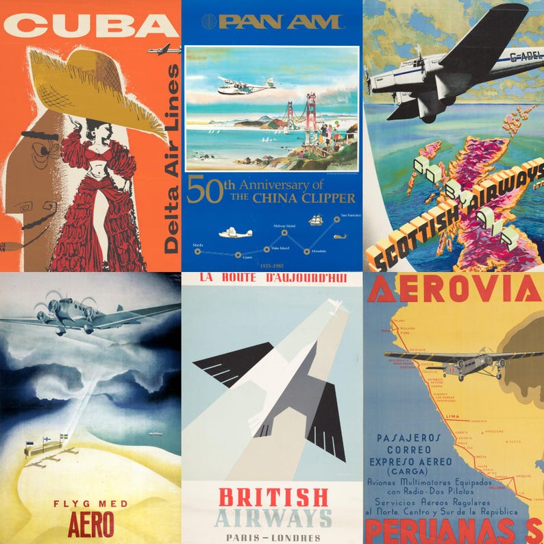High-resolution preview of vintage airline travel posters from the mid-20th century, featuring iconic carriers like Pan Am, TWA, Air France, and KLM. Includes vibrant retro illustrations, luxury aircraft designs, exotic destinations, and elegant typography. Ideal for collectors, aviation fans, scrapbookers, and designers seeking digital downloads that celebrate the golden age of air travel with timeless visual charm.