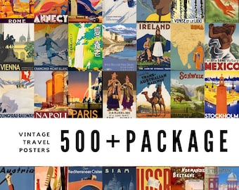 Può includere: Un collage di poster di viaggio vintage che mostrano destinazioni in tutto il mondo, tra cui Roma, Irlanda, Messico e India. I poster sono colorati e presentano illustrazioni di monumenti, persone e trasporti. Il testo "Vintage Travel Posters 500+ Package" è visualizzato nella parte inferiore del collage.