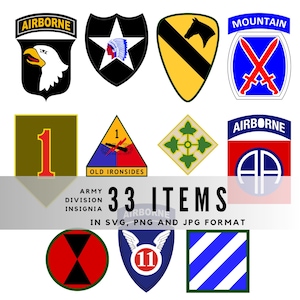 May include: A collection of 10 military division insignia in various shapes and colors. The image includes the text "33 ITEMS" and "ARMY DIVISION INSIGNIA" in SVG, PNG, and JPG formats. The insignia feature eagles, stars, and other military symbols.