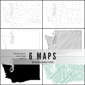 May include: A collection of six printable outline maps of Washington state. The maps include detailed county outlines, a solid black silhouette, and a map filled with the word "Washington". The text "6 MAPS" and "WASHINGTON" are also displayed.