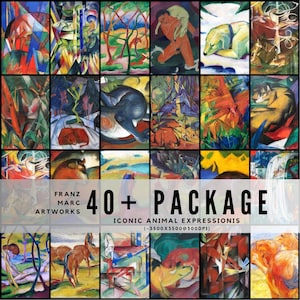 May include: A collection of Franz Marc artworks featuring iconic animal expressions. The images are vibrant and colorful, showcasing various animals in a cubist style. The text reads "40+ PACKAGE" and "ICONIC ANIMAL EXPRESSIONIS".