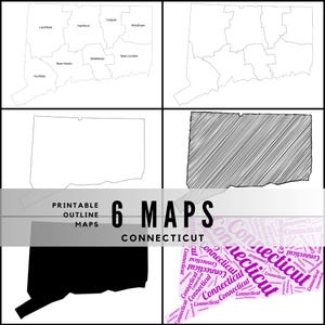 Peut inclure: Six cartes imprimables de la région du Connecticut sont présentées. Les cartes comprennent des contours détaillés des comtés, une silhouette noire unie et une carte remplie du mot "Connecticut". Le texte "6 MAPS CONNECTICUT" est également présent.