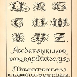 May include: A vintage print featuring ornate black letterforms and fonts. The image includes several stylized alphabets, with decorative swirls and embellishments. Text at the top reads "XVIII Si&egrave;cle" and "&Eacute;cole Allemande."