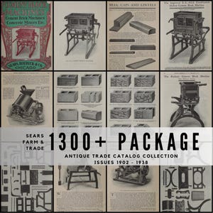 Könnte beinhalten: Eine Sammlung antiker Handelskatalogseiten mit Zementblockmaschinen, Zementsteinmaschinen und Betonmischern. Die Seiten enthalten Illustrationen und Text, mit dem Logo Sears, Roebuck & Co. Chicago und dem Text "1300+ PACKAGE ANTIQUE TRADE CATALOG COLLECTION AUSGABEN 1902 - 1938."