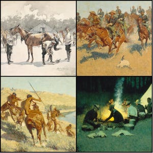 May include: A collage of four watercolor paintings. The top left shows men tending to a horse. The top right depicts soldiers on horseback. The bottom left shows Native Americans on horseback. The bottom right shows men around a campfire.