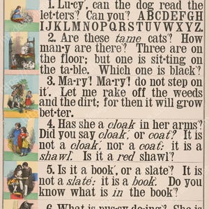 May include: A vintage educational chart titled "School and Family Charts" with text and illustrations. The chart features reading lessons with questions and illustrations of children and animals. The text includes questions about cats, cloaks, and books.