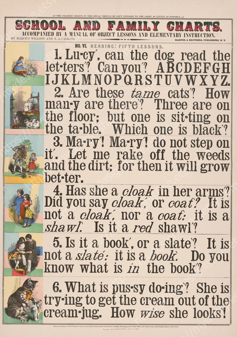 May include: A vintage educational chart titled "School and Family Charts" with text and illustrations. The chart features reading lessons with questions and illustrations of children and animals. The text includes questions about cats, cloaks, and books.