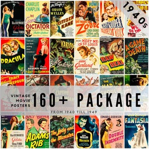 160 vintage movie posters from the 1940s featuring iconic Hollywood stars, film noir classics, and wartime cinema. Includes restored promotional artwork with bold graphics and historic typography. Ideal for collectors, film historians, scrapbookers, and creatives seeking high-quality digital downloads of Golden Age movie advertisements.