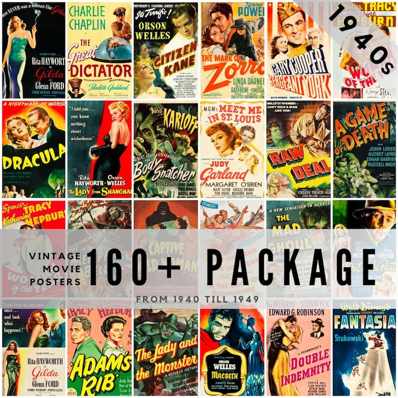 160 vintage movie posters from the 1940s featuring iconic Hollywood stars, film noir classics, and wartime cinema. Includes restored promotional artwork with bold graphics and historic typography. Ideal for collectors, film historians, scrapbookers, and creatives seeking high-quality digital downloads of Golden Age movie advertisements.