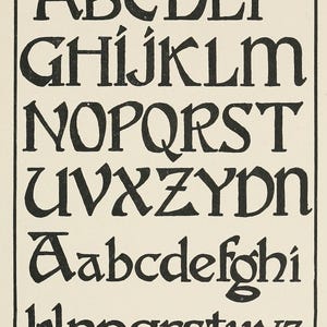 May include: Black, stylized alphabet in uppercase and lowercase, displayed on a cream-colored background. The letters are in a serif font, with a medieval or gothic style. The image is framed with a black border.