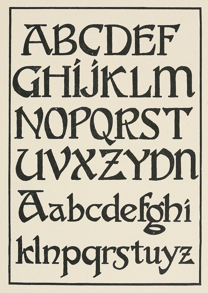 May include: Black, stylized alphabet in uppercase and lowercase, displayed on a cream-colored background. The letters are in a serif font, with a medieval or gothic style. The image is framed with a black border.