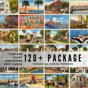 May include: A collection of vintage postcards featuring Saint Augustine, Florida, with scenes of historic buildings, horse-drawn carriages, coastal landscapes, and palm trees. The image includes the text VINTAGE SAINT AUGUSTINE POSTCARDS 120+ PACKAGE VINTAGE OLD FLORIDA MEMORIES.