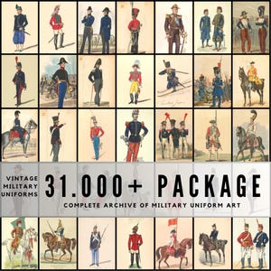 以下が含まれることがあります： ヴィンテージの軍服イラストのコレクション。画像には、さまざまな色のジャケット、帽子、ズボンが詳細に描かれた、さまざまな歴史的制服が示されています。テキストは「31.000+ PACKAGE」と「COMPLETE ARCHIVE OF MILITARY UNIFORM ART」と書かれています。