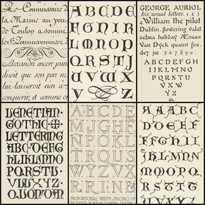 May include: A vintage print showcasing various fonts and lettering styles. The image features examples of Gothic, Venetian, and Roman capital letters, along with cursive script and decorative elements. The text includes phrases and names.