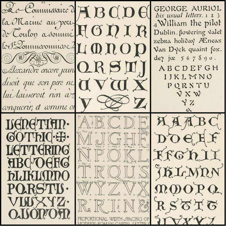 May include: A vintage print showcasing various fonts and lettering styles. The image features examples of Gothic, Venetian, and Roman capital letters, along with cursive script and decorative elements. The text includes phrases and names.