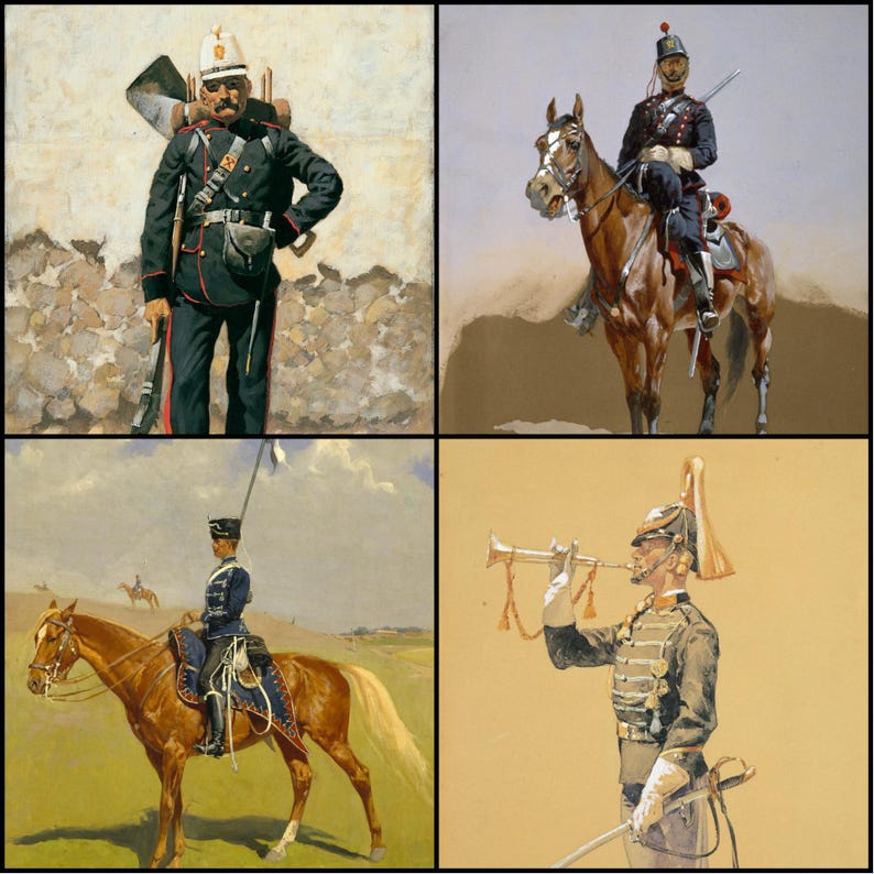 May include: Four paintings of military figures in historical uniforms. One figure stands with a rifle and shovel, another rides a horse with a sword, and two others are on horseback. The paintings depict soldiers in various poses.