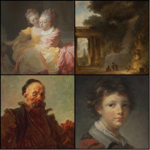 May include: A collection of four classical paintings. The top left features two women in yellow and pink gowns. The top right depicts a landscape with a fountain. The bottom left shows an older man, and the bottom right is a portrait of a young boy.