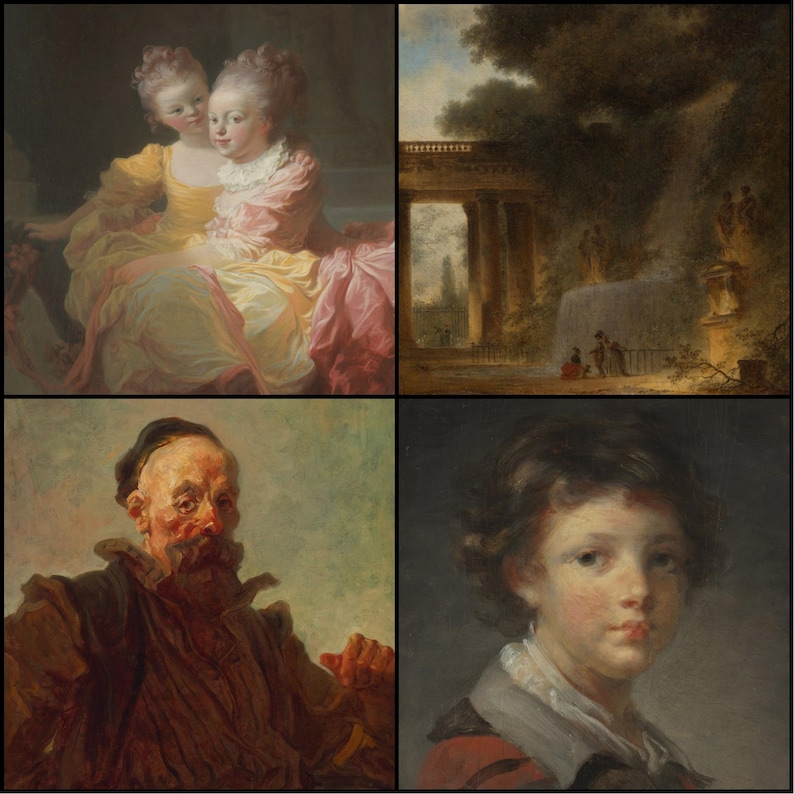 May include: A collection of four classical paintings. The top left features two women in yellow and pink gowns. The top right depicts a landscape with a fountain. The bottom left shows an older man, and the bottom right is a portrait of a young boy.