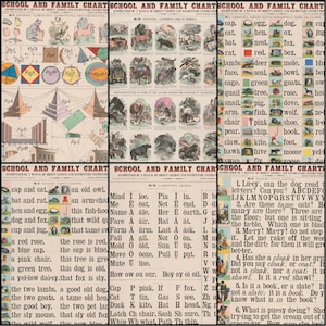 May include: A set of antique educational charts, displaying animal illustrations, geometric forms, and early reading exercises. The charts are printed on aged paper with a variety of colours and fonts.