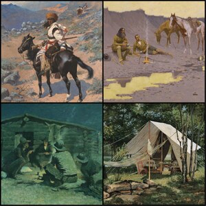 May include: A collage of four vintage paintings depicting scenes of the American West. One shows a rider on a black horse, another shows men near horses, a third shows men around a fire, and the last shows a tent.