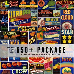 May include: A collection of vintage citrus and produce crate labels. The labels feature colorful illustrations and text, showcasing brands like "Indian Pride," "Blue Bird," and "Florida Cowboy." The image includes the text "650+ PACKAGE VINTAGE CITRUS & PRODUCE LABEL ART."