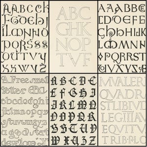 May include: A collection of six panels displaying various fonts and alphabets. The fonts range from simple outlines to ornate, calligraphic styles. The image showcases different letter designs, perfect for typography enthusiasts and designers.