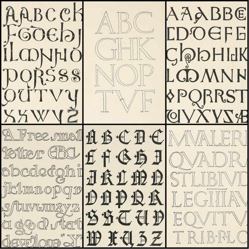 May include: A collection of six panels displaying various fonts and alphabets. The fonts range from simple outlines to ornate, calligraphic styles. The image showcases different letter designs, perfect for typography enthusiasts and designers.