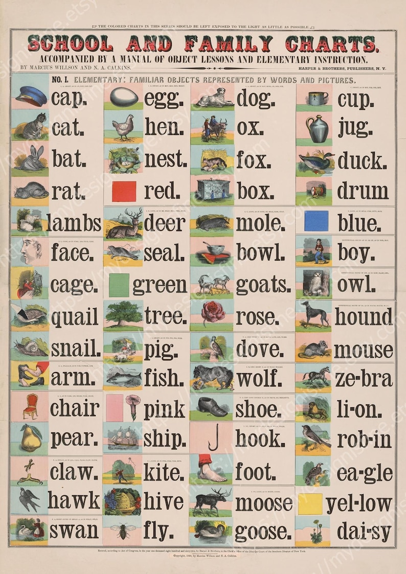 May include: A vintage educational chart titled "School and Family Charts" with illustrations of objects and words. Includes images of a cat, dog, tree, and more. The chart is designed for elementary instruction.