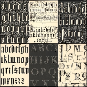 May include: A collage of six panels showcasing various antique fonts in black and white. The fonts include ornate capital letters, lowercase alphabets, and decorative flourishes. Some panels feature complete alphabets, while others display individual letters.