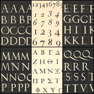 May include: A vintage typography chart featuring various letterforms and numbers. The chart is divided into sections with letters A-V and numbers 1-9. Each letter and number is displayed in a classic serif font, with some letters showing construction guides.