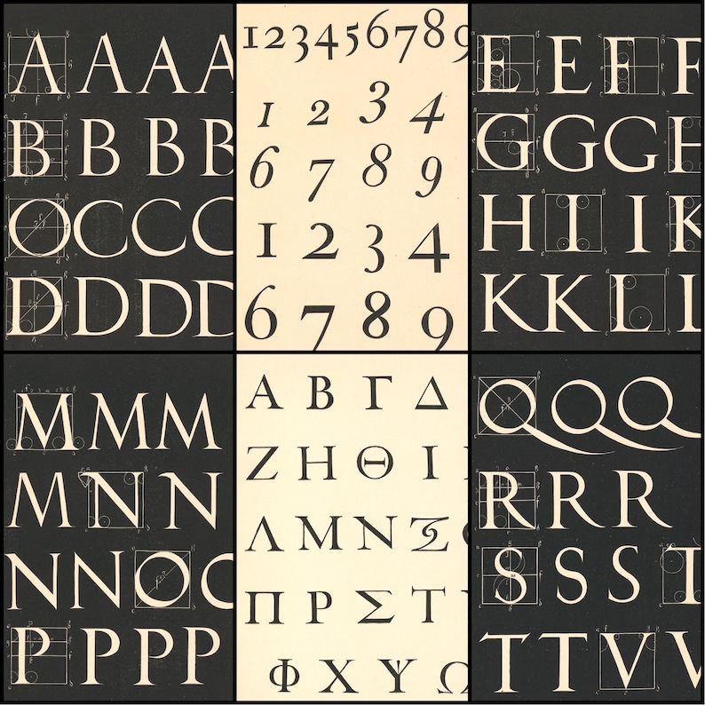 May include: A vintage typography chart featuring various letterforms and numbers. The chart is divided into sections with letters A-V and numbers 1-9. Each letter and number is displayed in a classic serif font, with some letters showing construction guides.
