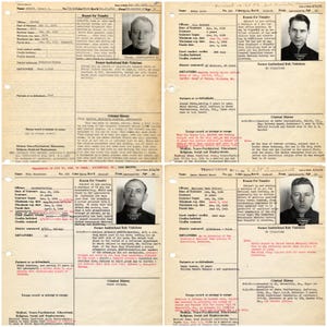 Digital collage of 300+ vintage Alcatraz mugshots and inmate records featuring infamous criminals like Al Capone, George “Machine Gun” Kelly, and Robert Stroud. High-resolution black-and-white prison portraits scanned at 600 DPI. Ideal for true crime fans, junk journalers, scrapbooking, and vintage law enforcement projects. A historical archive capturing the dark legacy of America’s most notorious penitentiary.