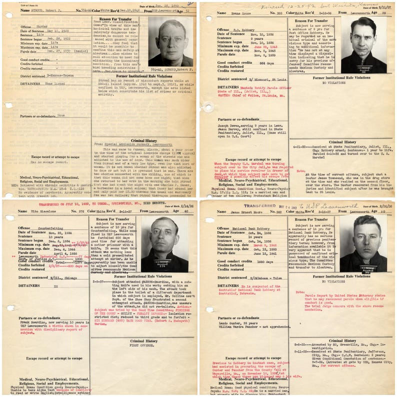 Digital collage of 300+ vintage Alcatraz mugshots and inmate records featuring infamous criminals like Al Capone, George “Machine Gun” Kelly, and Robert Stroud. High-resolution black-and-white prison portraits scanned at 600 DPI. Ideal for true crime fans, junk journalers, scrapbooking, and vintage law enforcement projects. A historical archive capturing the dark legacy of America’s most notorious penitentiary.
