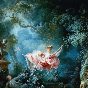 May include: A painting depicts a woman on a swing in a lush, green forest setting. She wears a pink dress and hat. Two men and a statue are in the foreground. The sky is a mix of blue and white.
