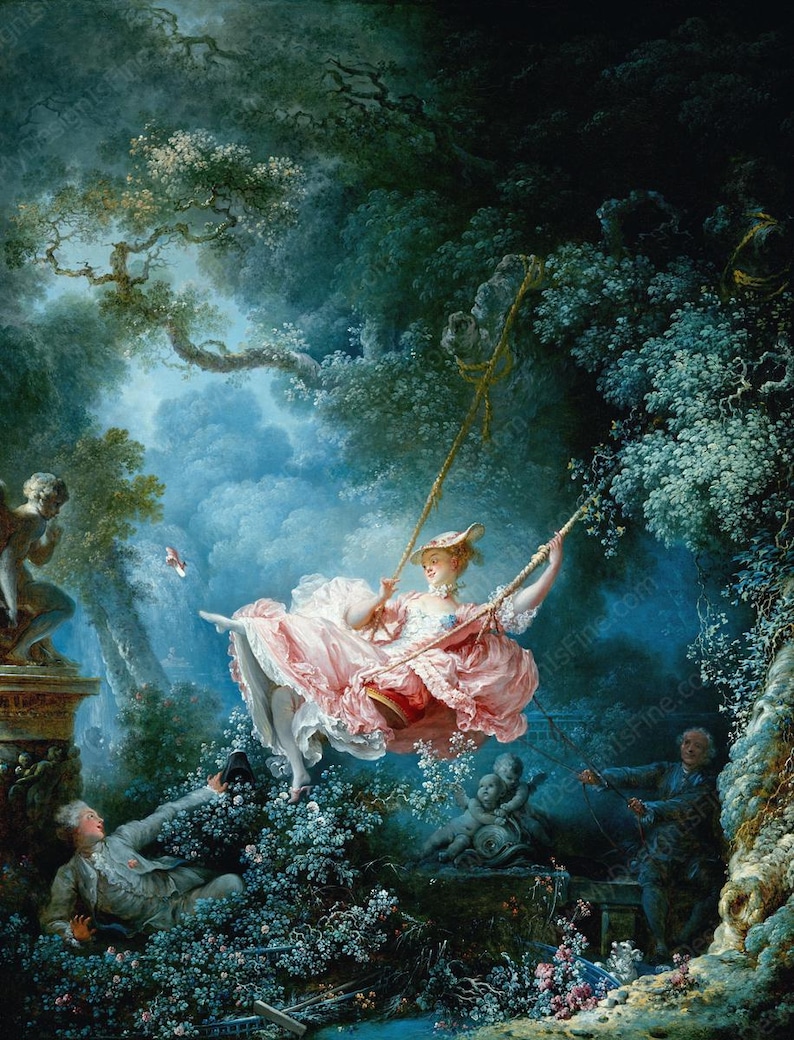 May include: A painting depicts a woman on a swing in a lush, green forest setting. She wears a pink dress and hat. Two men and a statue are in the foreground. The sky is a mix of blue and white.